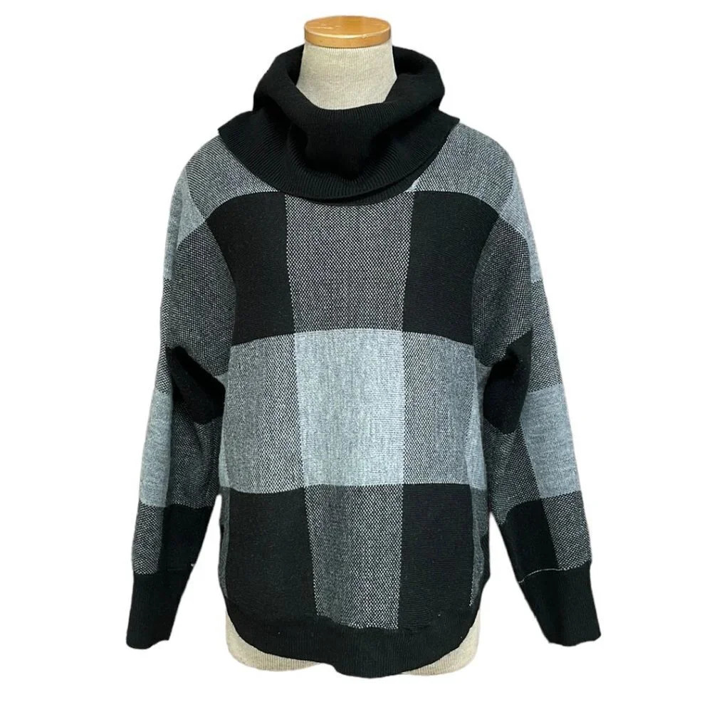 Design History Sweater Cowl Neck Buffalo Plaid Black Gray Size Small S